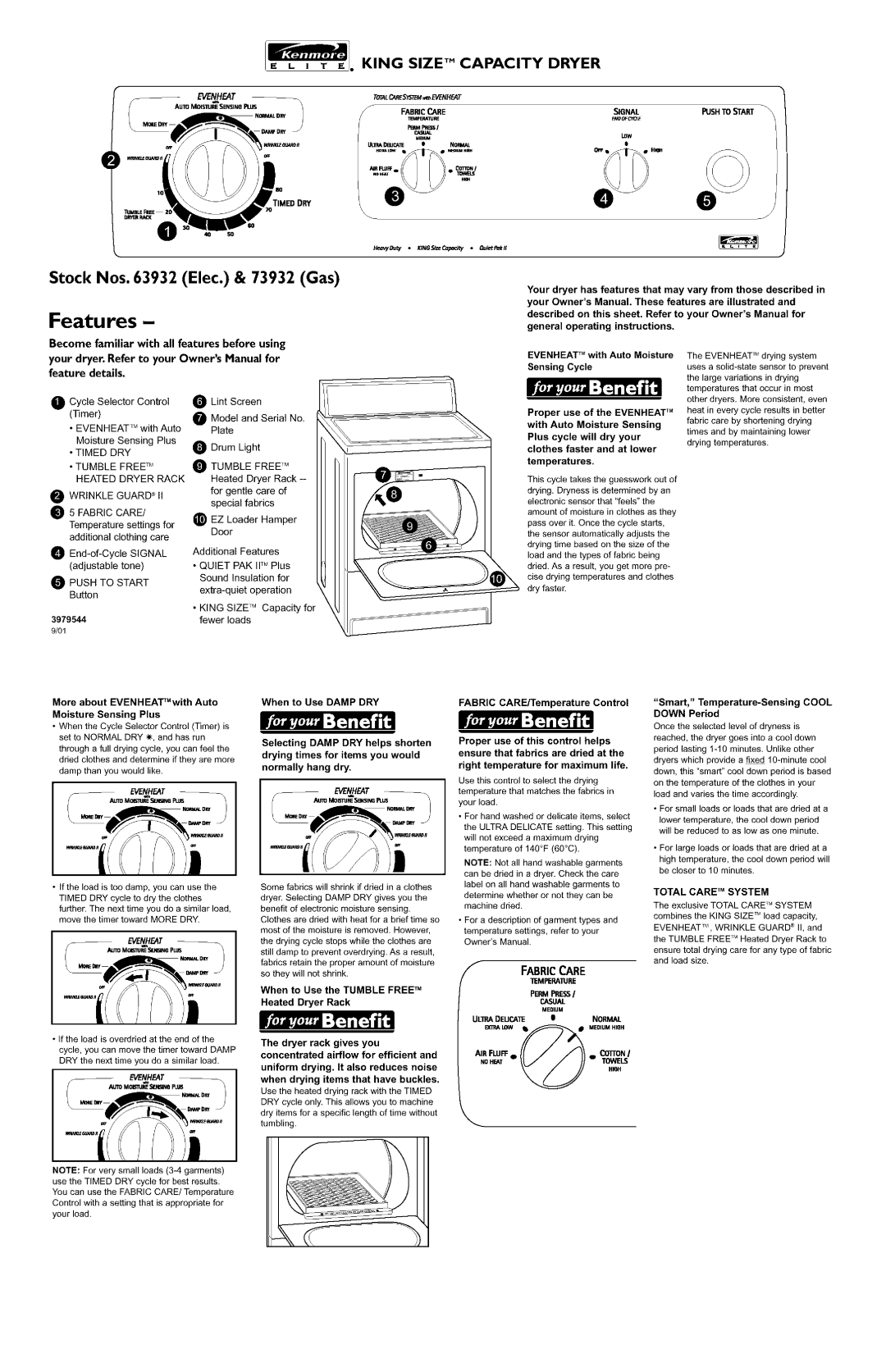 Kenmore 73932, 63932 owner manual Pushtostart, Totalcare System, Permpress Casual 