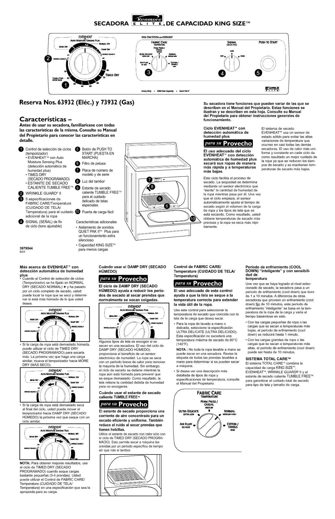 Kenmore 63932, 73932 owner manual Damp DRY Secado, Homedo, Sistema Total Care TM, Imperajre Permpress Casual 
