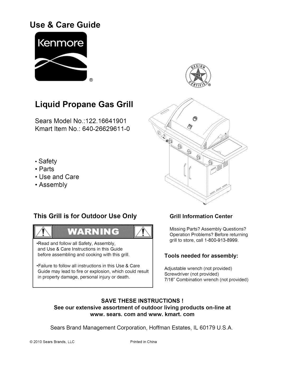 Kenmore 122.166419, 640-26629611-0 manual Use & Care Guide Liquid Propane Gas Grill 