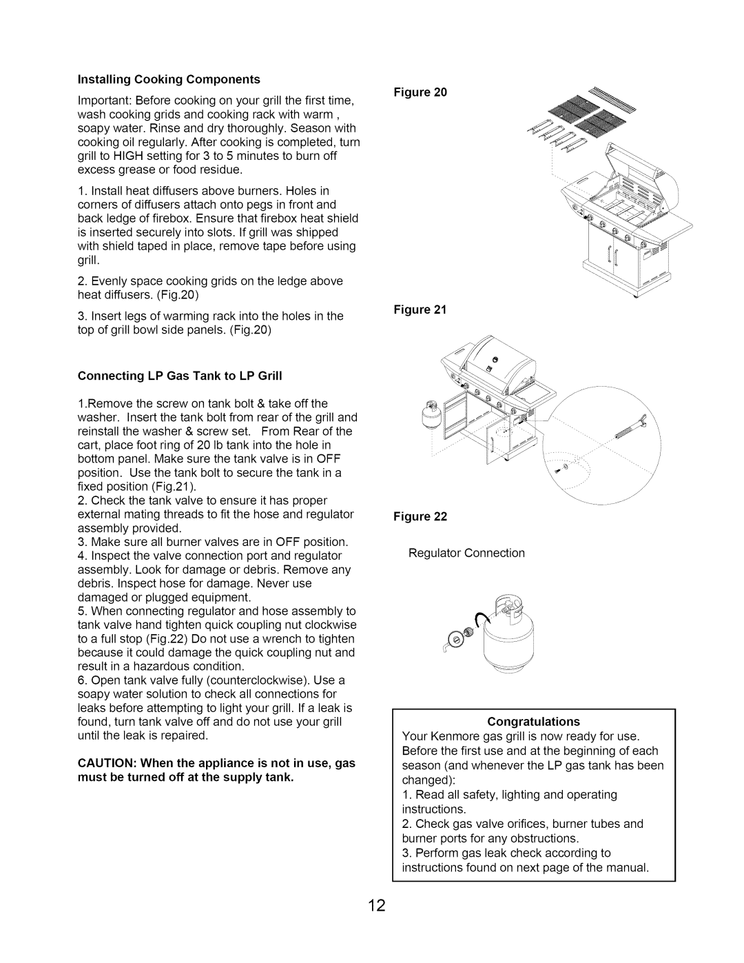 Kenmore 640-26629611-0, 122.166419 manual Installing Cooking Components, Connecting LP Gas Tank to LP Grill 