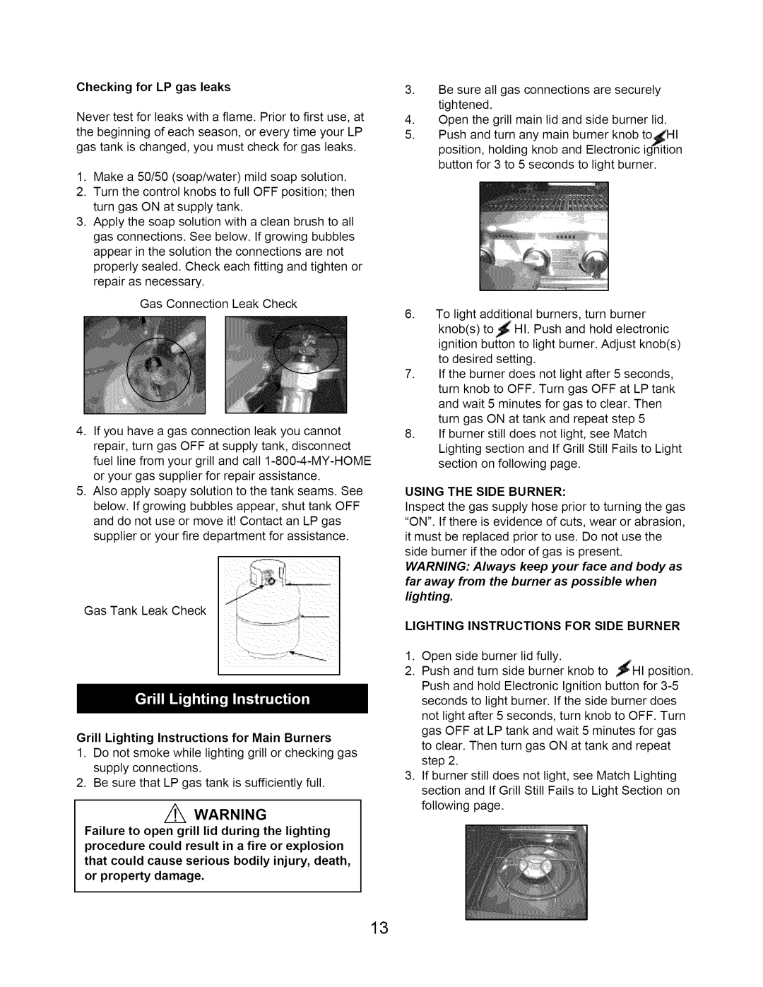 Kenmore 122.166419, 640-26629611-0 manual Checking for LP gas leaks, Grill Lighting Instructions for Main Burners 