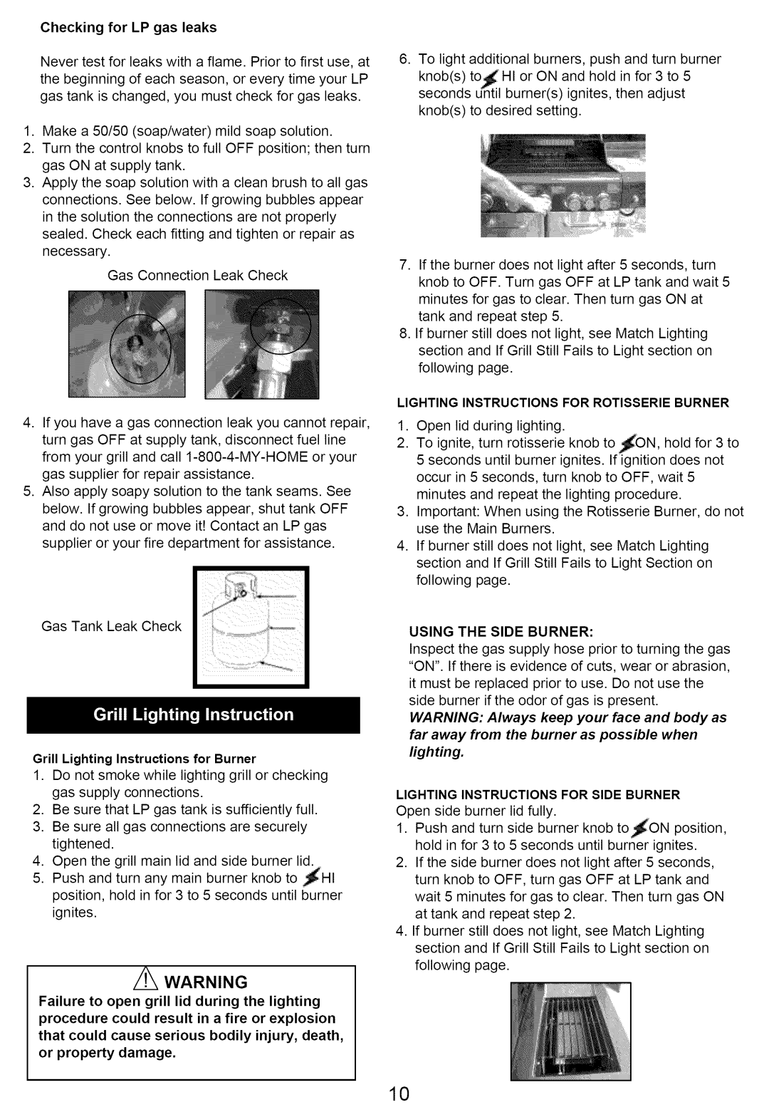 Kenmore 640-82960819-9, 122.166489 owner manual Checking for LP gas leaks, Grill Lighting Instructions for Burner 