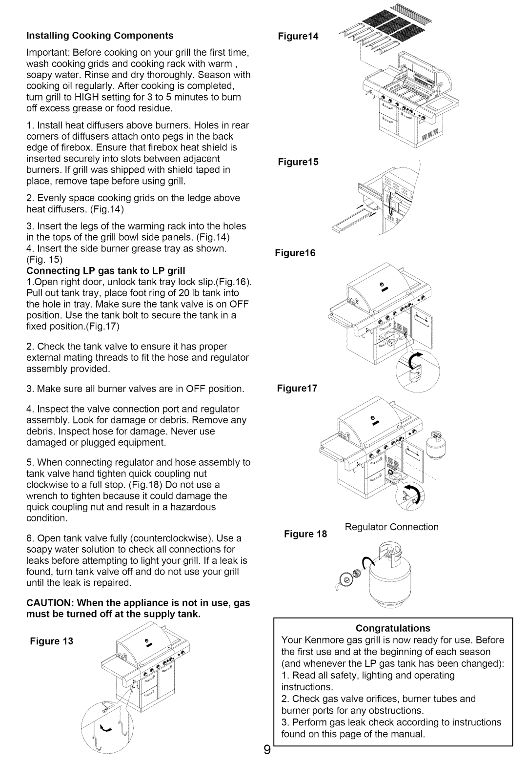 Kenmore 122.166489, 640-82960819-9 Installing Cooking Components, Connecting LP gas tank to LP grill, Congratulations 