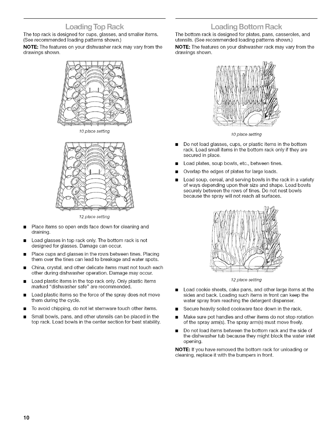 Kenmore 664.1776 manual Seerecommendedloadingpatternsshown Drawingsshown, Place setting 