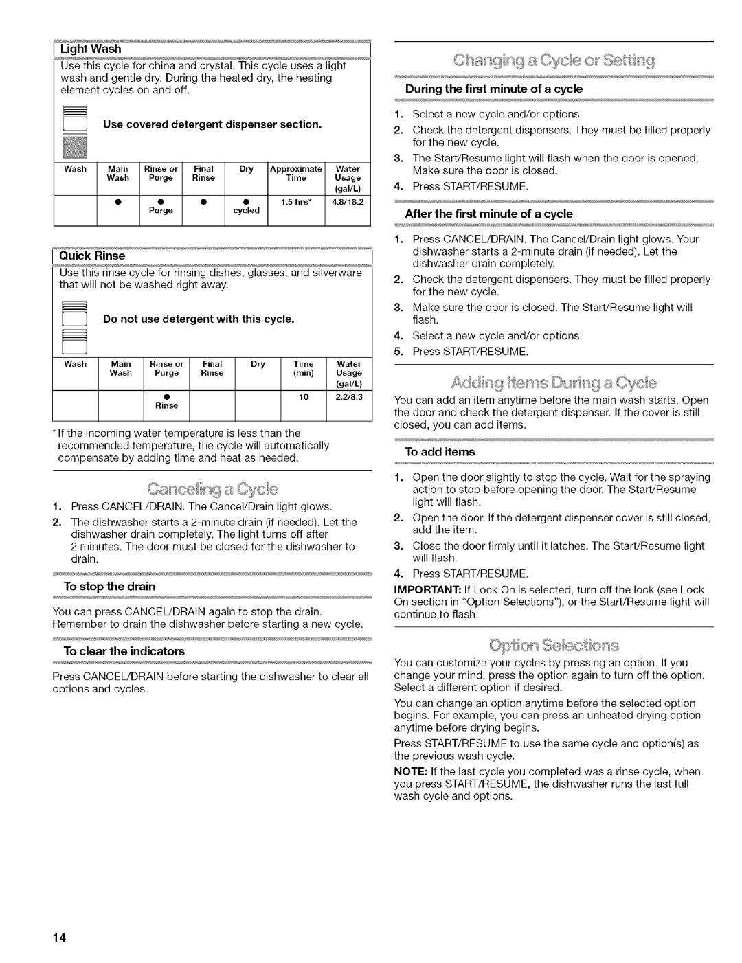 Kenmore 664.1776 Light Wash, Quick Rinse, Do not use detergent with this cycle, To stop the drain, To clear the indicators 