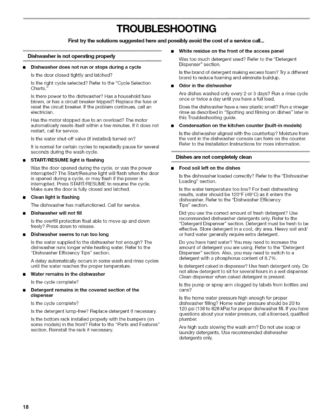 Kenmore 664.1776 manual Troubleshooting, Dishes are not completely clean, Start/Resume 