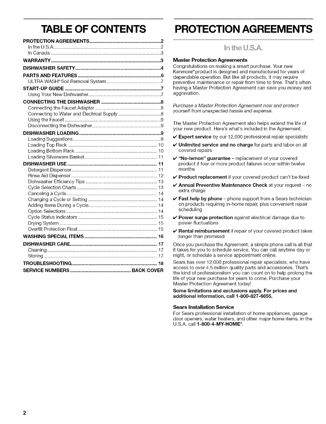 Kenmore 664.1776 manual Table of Contents, Protection Agreements 