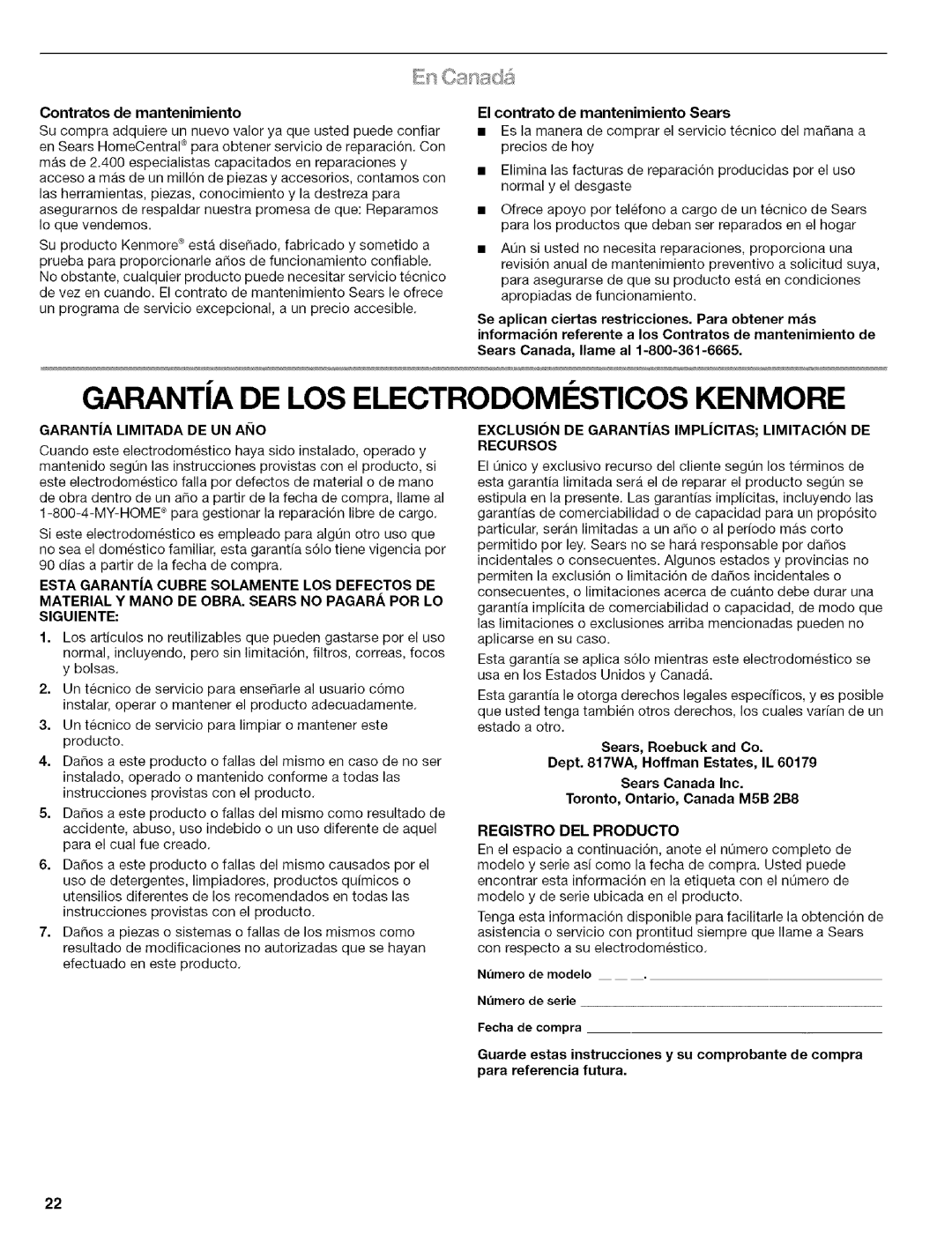 Kenmore 664.1776 manual Garantia DE LOS Electrodomi Sticos Kenmore, Garanta Limitada DE UN Aiio, Registro DEL Producto 