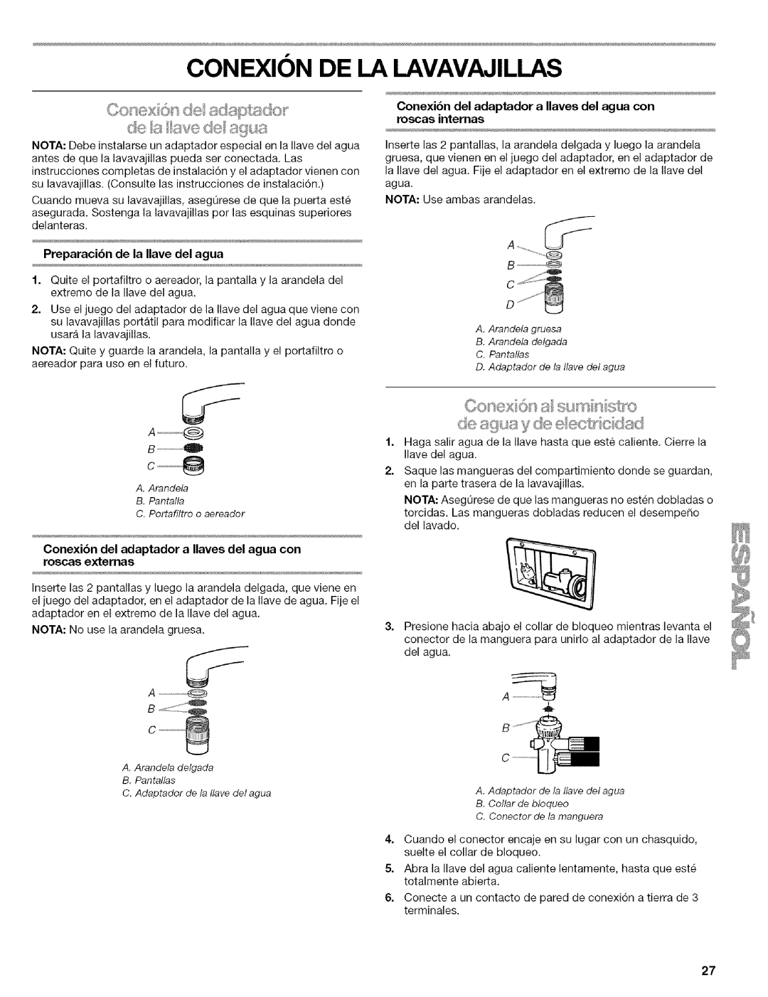 Kenmore 664.1776 manual Preparacibn de la Ilave del agua, Conexibn del adaptador a Ilaves del agua con roscas extemas 