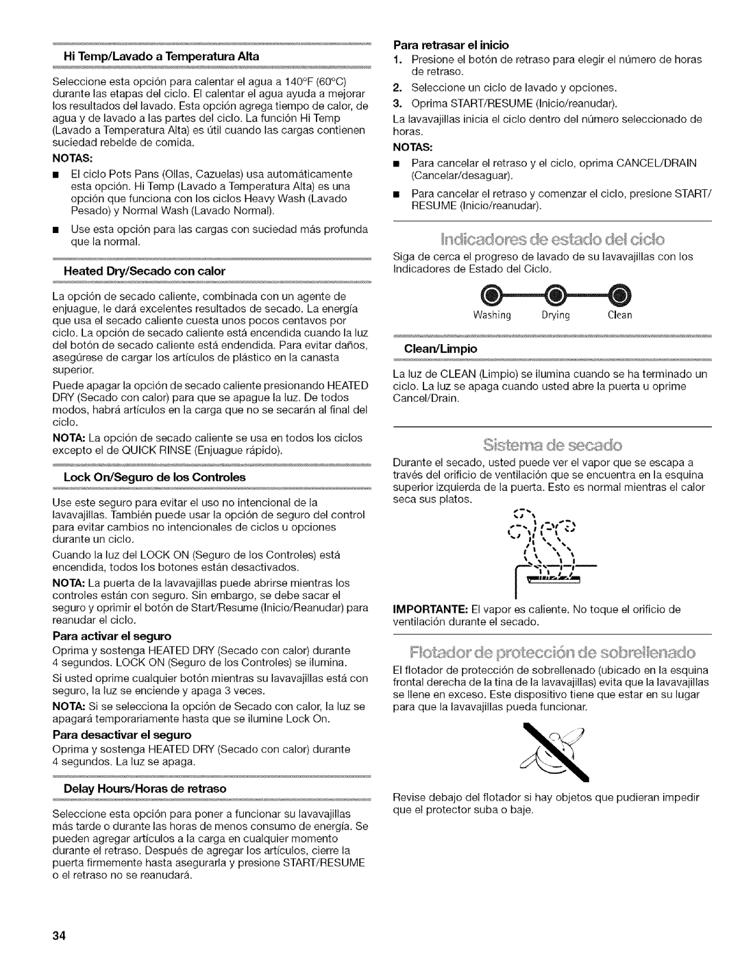 Kenmore 664.1776 manual HiTemp/LavadoTemperaturaAlta, Heated Dry/Secado con calor, ClearVLimpio 