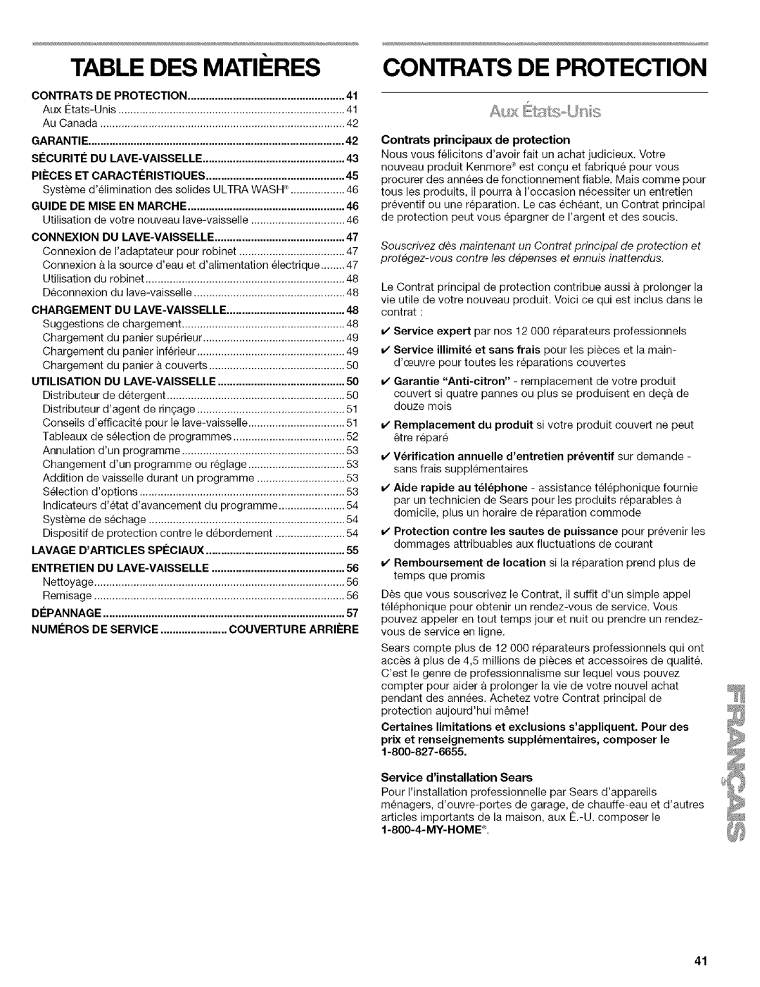 Kenmore 664.1776 manual Table DES MATI#RES, Contrats DE Protection 