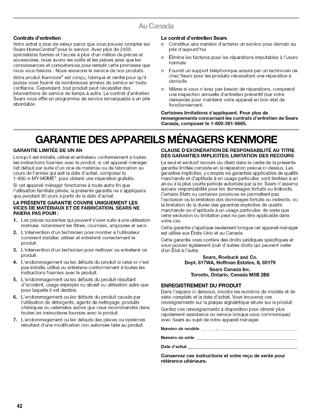 Kenmore 664.1776 Garantie DES Appareils MI Nagers Kenmore, Au shads, Garantie Limitie DE UN AN, Enregistrement DU Produit 