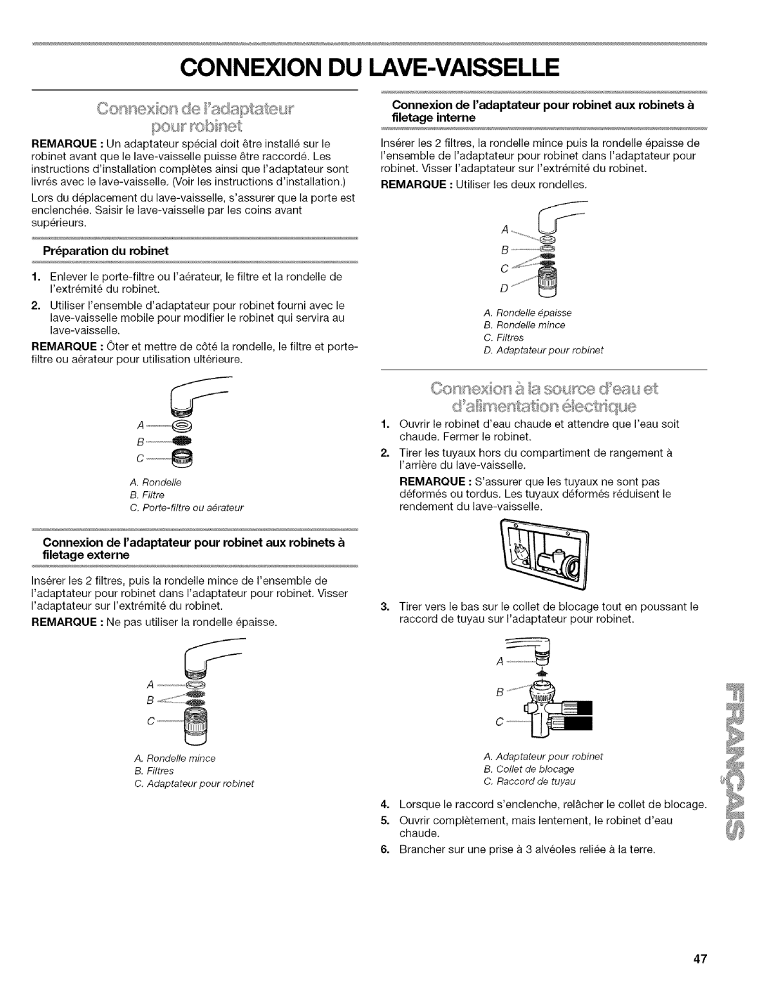 Kenmore 664.1776 manual Connexion DU LAVE-VAISSELLE, Preparation du robinet 