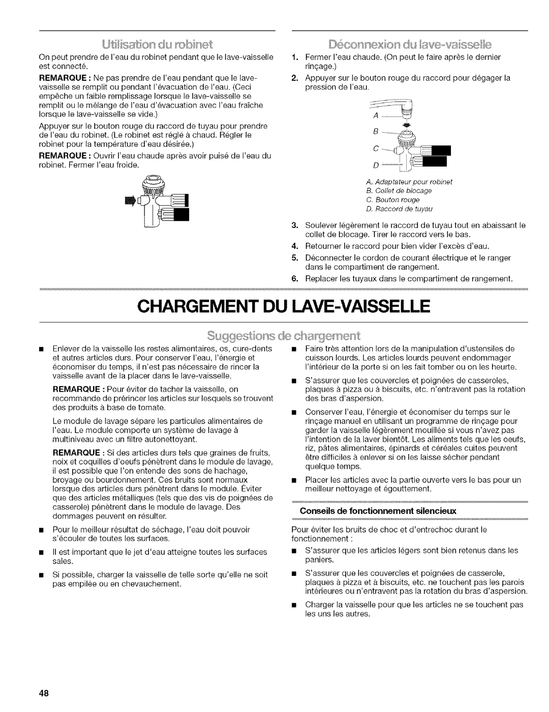 Kenmore 664.1776 manual Chargement DU LAVE-VAISSELLE, Conseils de fonctionnement silencieux 