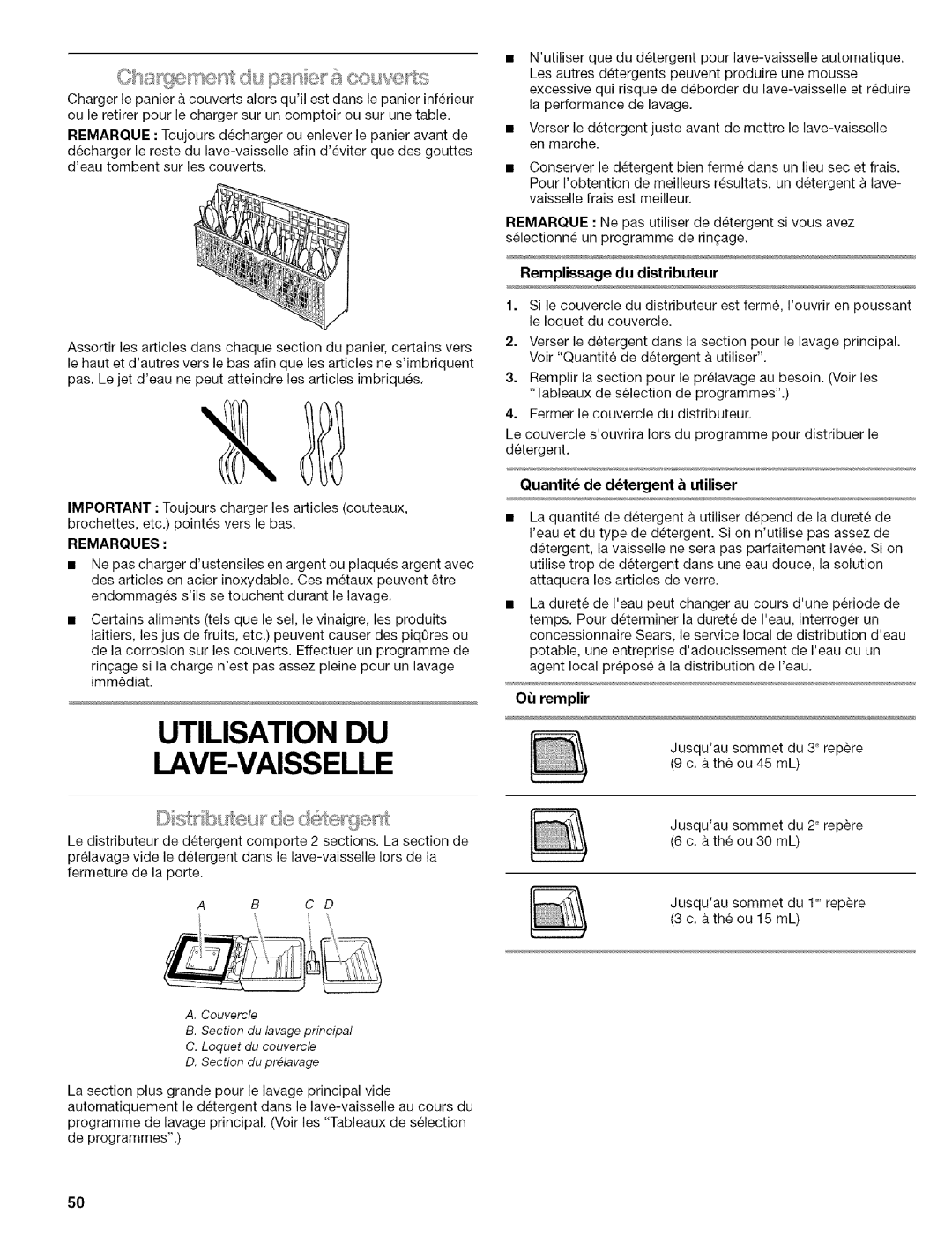 Kenmore 664.1776 Utilisation DU LAVE-VAISSELLE, Remplissage du distributeur, Quantit de dtergent & utiliser, Ou remplir 