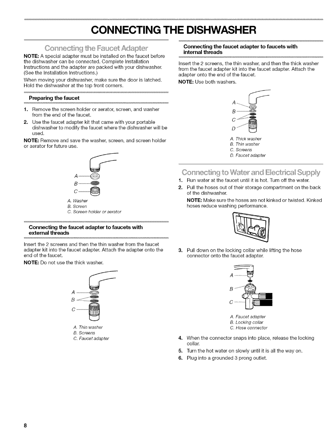 Kenmore 664.1776 manual Connecting the Dishwasher, Preparing the faucet 