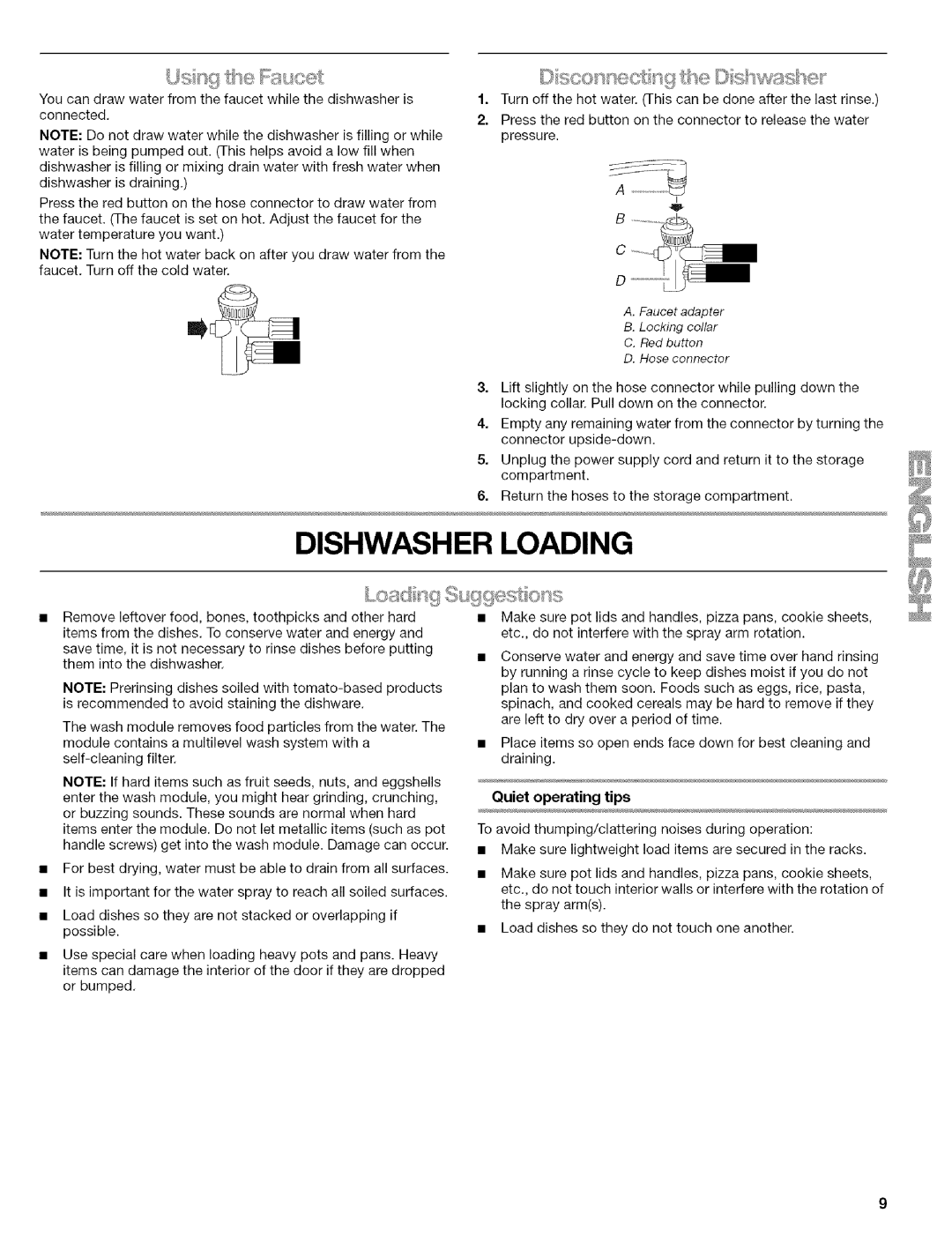 Kenmore 664.1776 manual Dishwasher Loading, Quiet operating tips 