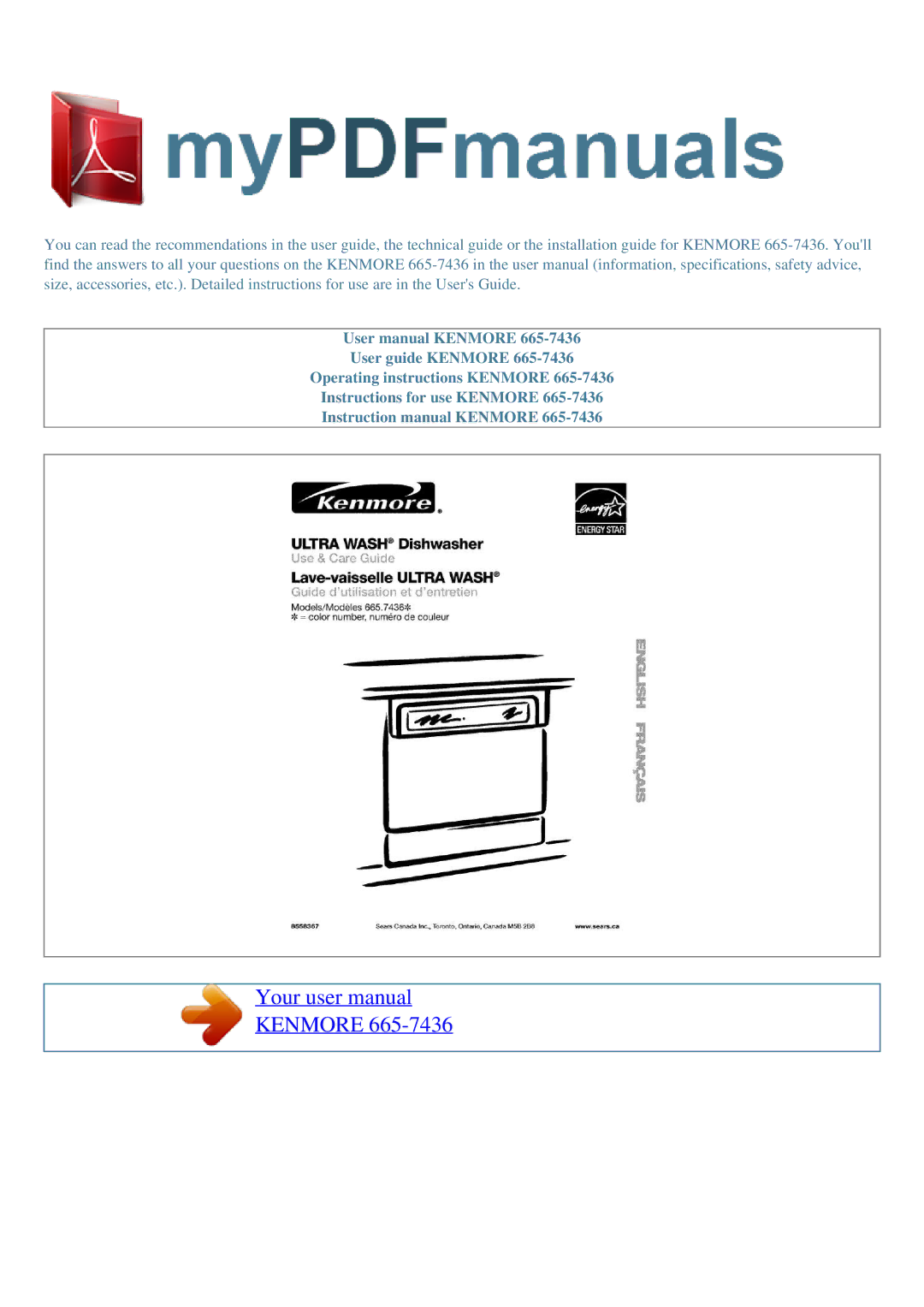 Kenmore 665-7436 user manual Kenmore 