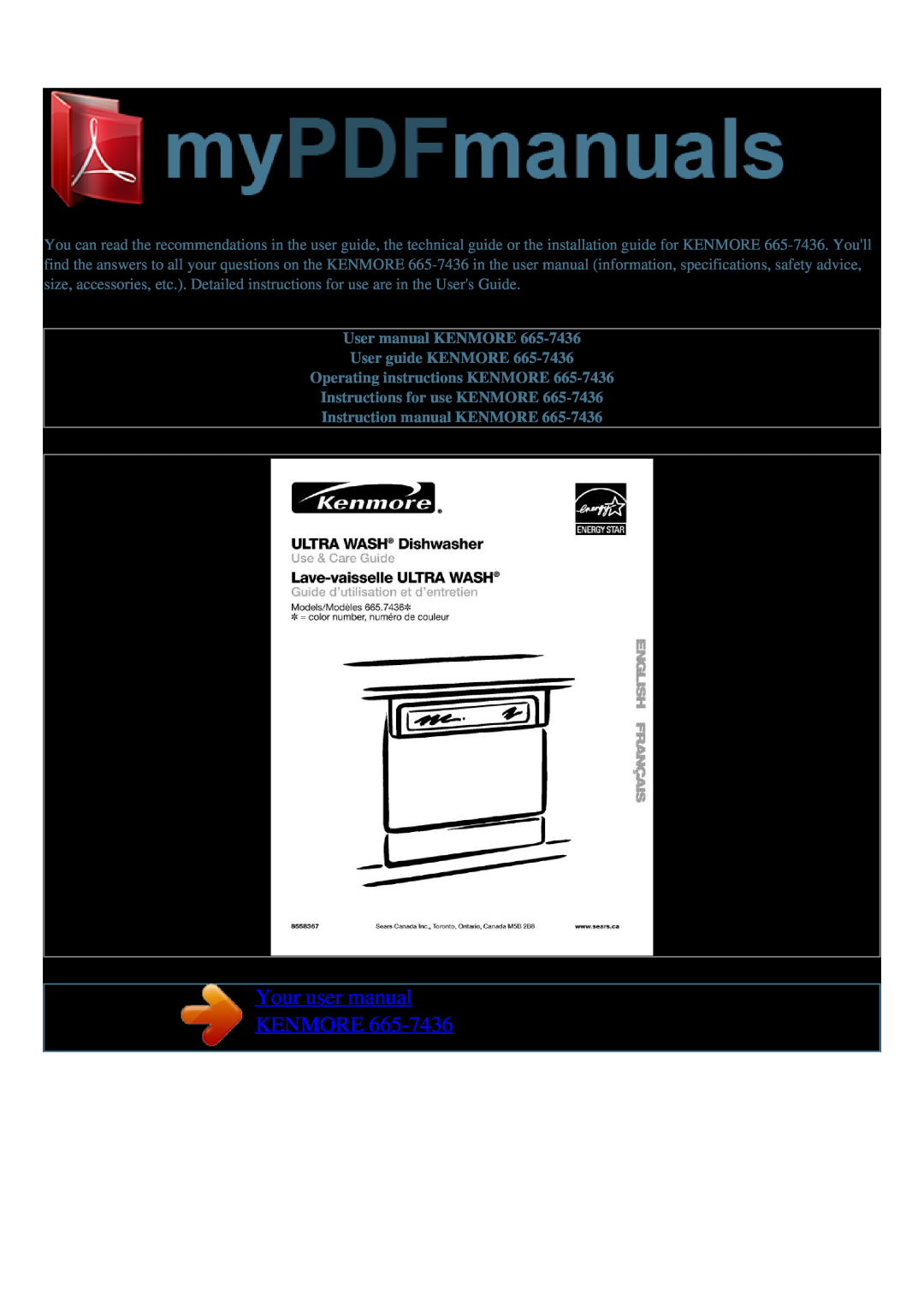 Kenmore 665-7436 user manual Operating instructions KENMORE, Instructions for use KENMORE 