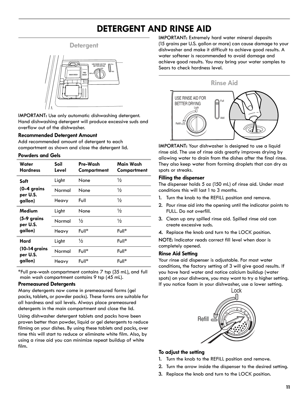 Kenmore 665.1301 manual Detergent and Rinse AID, Rinse Aid 