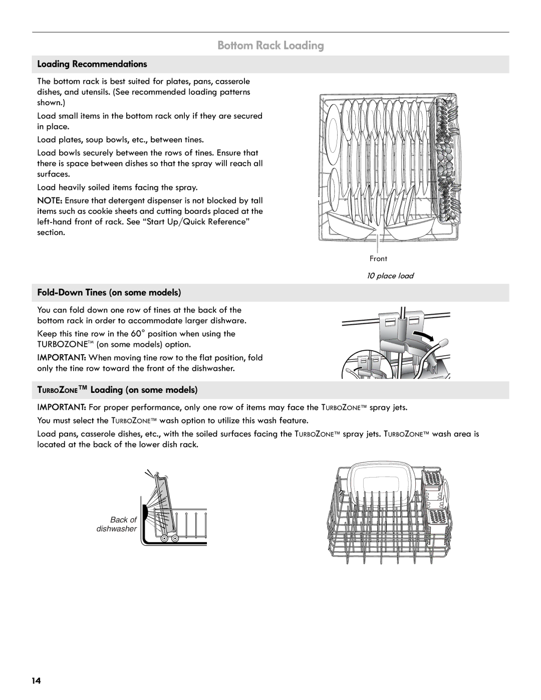 Kenmore 665.1301 manual Bottom Rack Loading, Fold-Down Tines on some models, Turbozone Loading on some models 