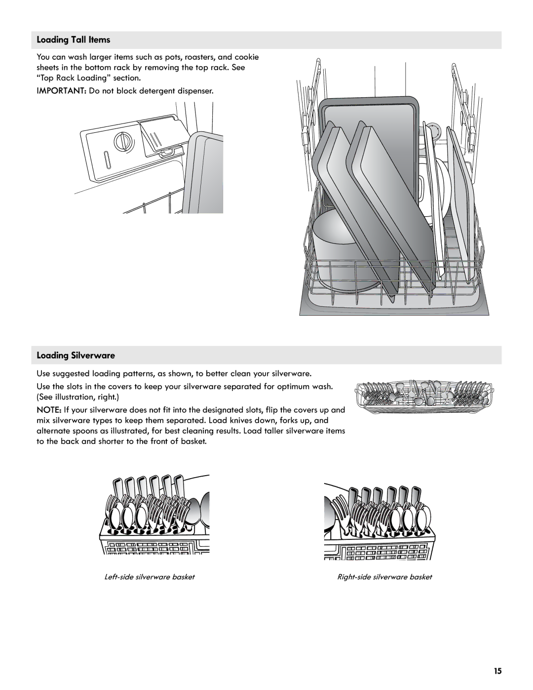 Kenmore 665.1301 manual Loading Tall Items, Loading Silverware 