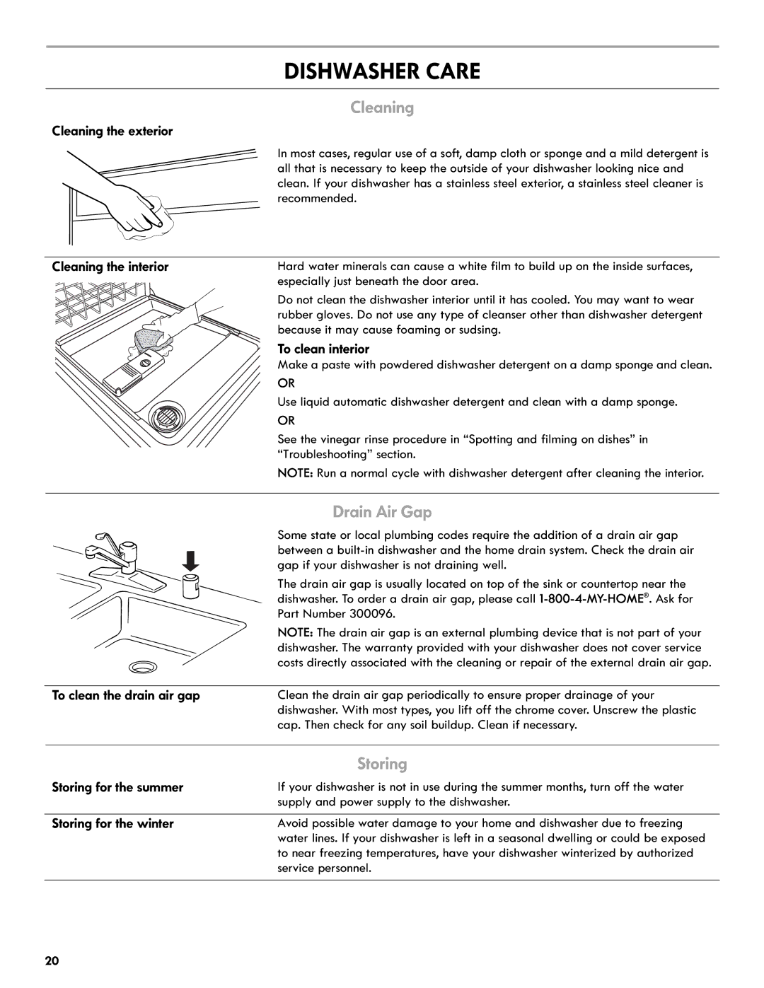 Kenmore 665.1301 manual Dishwasher Care, Cleaning, Drain Air Gap, Storing 