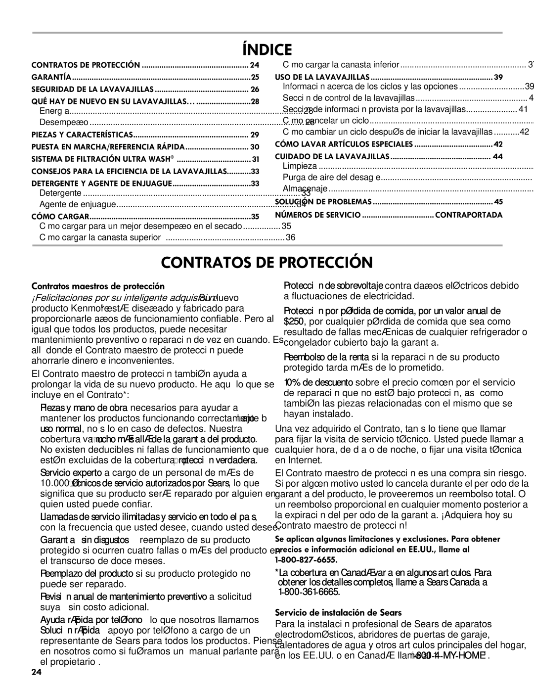 Kenmore 665.1301 manual Índice, Contratos DE Protección, Contratos maestros de protección, Servicio de instalación de Sears 