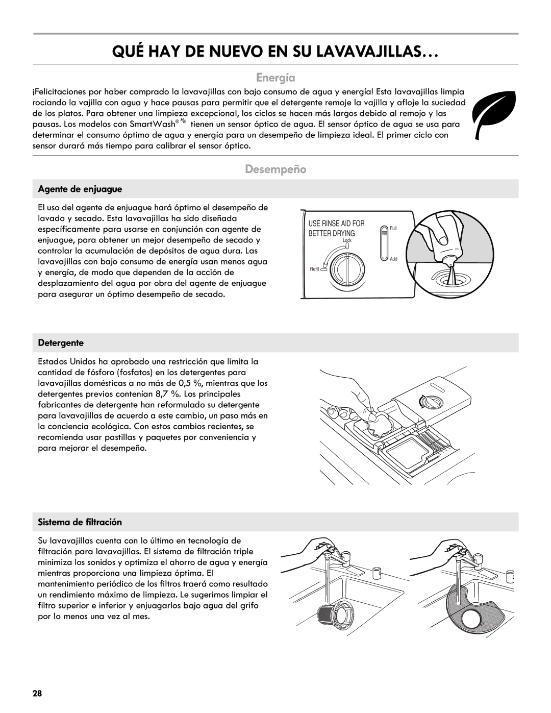 Kenmore 665.1301 manual QUÉ HAY DE Nuevo EN SU LAVAVAJILLAS…, Energía, Desempeño 