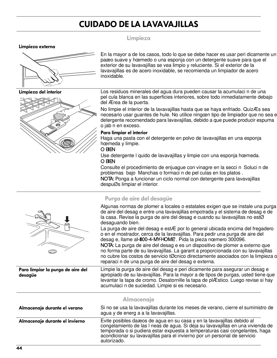 Kenmore 665.1301 manual Limpieza, Purga de aire del desagüe, Almacenaje 