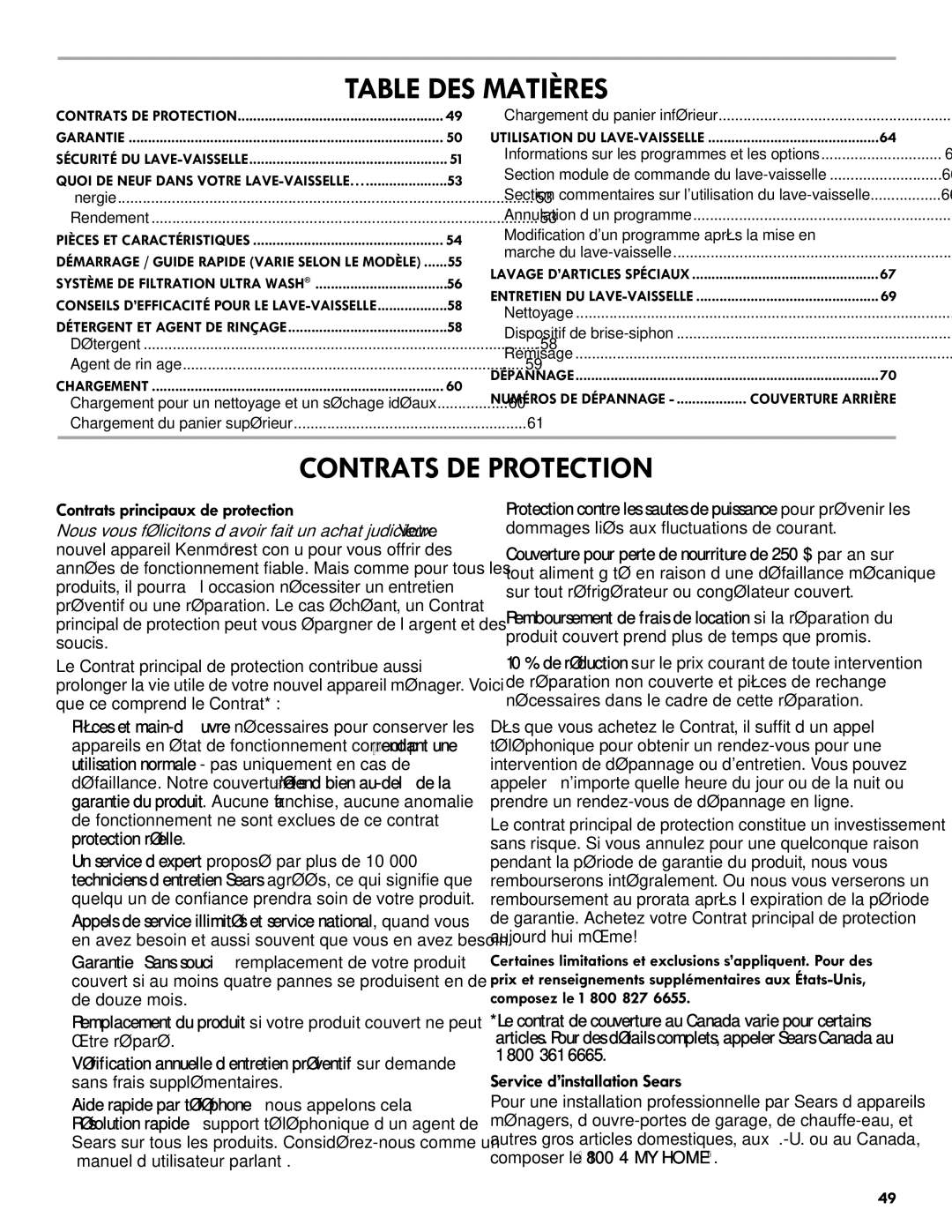 Kenmore 665.1301 manual Table DES Matières, Contrats DE Protection, Contrats principaux de protection 