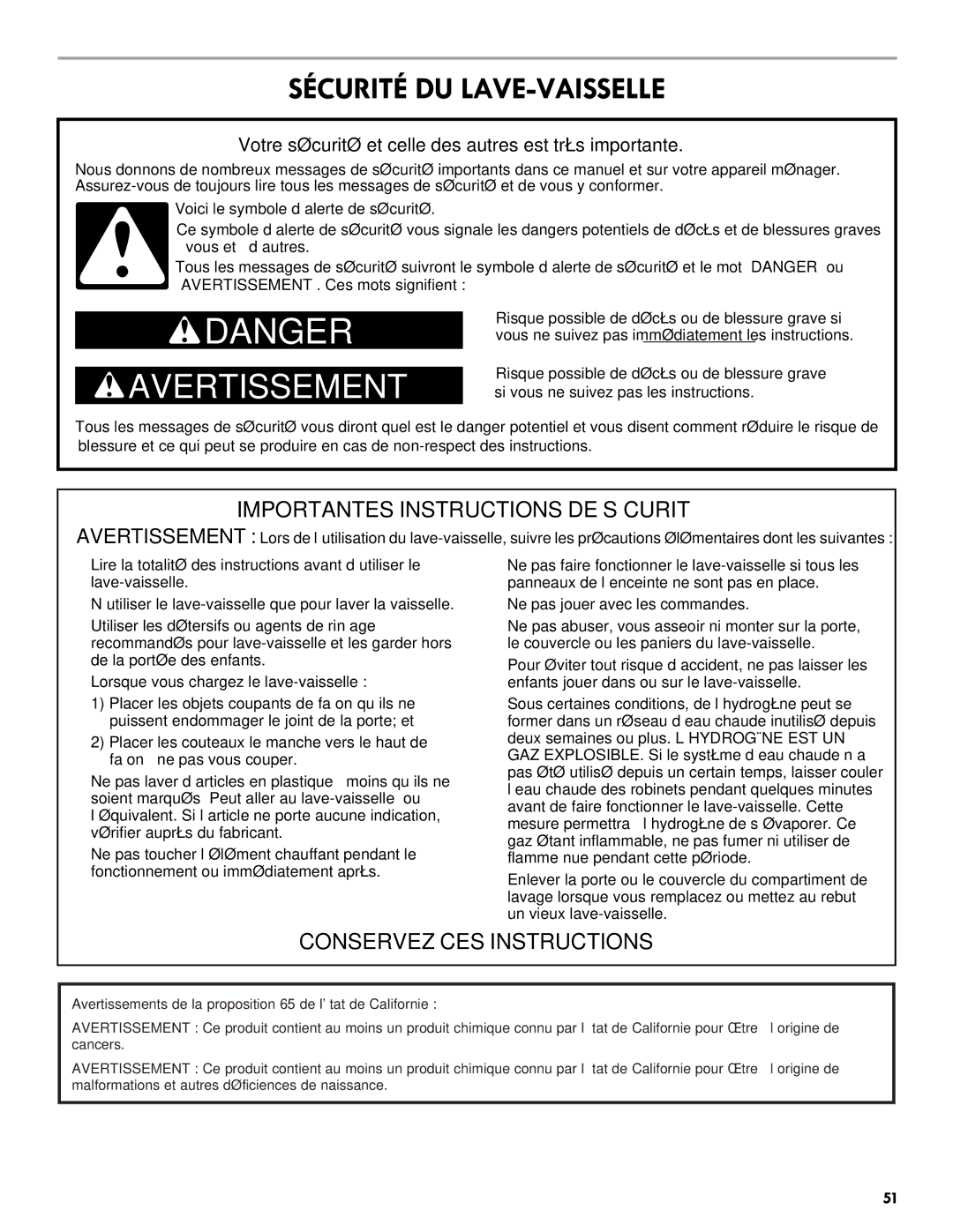 Kenmore 665.1301 manual Sécurité DU LAVE-VAISSELLE, Votre sécurité et celle des autres est très importante 