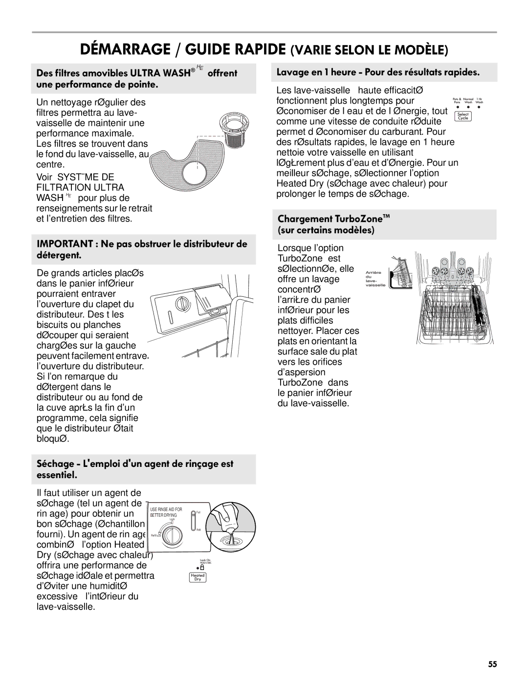 Kenmore 665.1301 manual Les lave-vaisselle à haute efficacité, Chargement TurboZoneTM sur certains modèles 