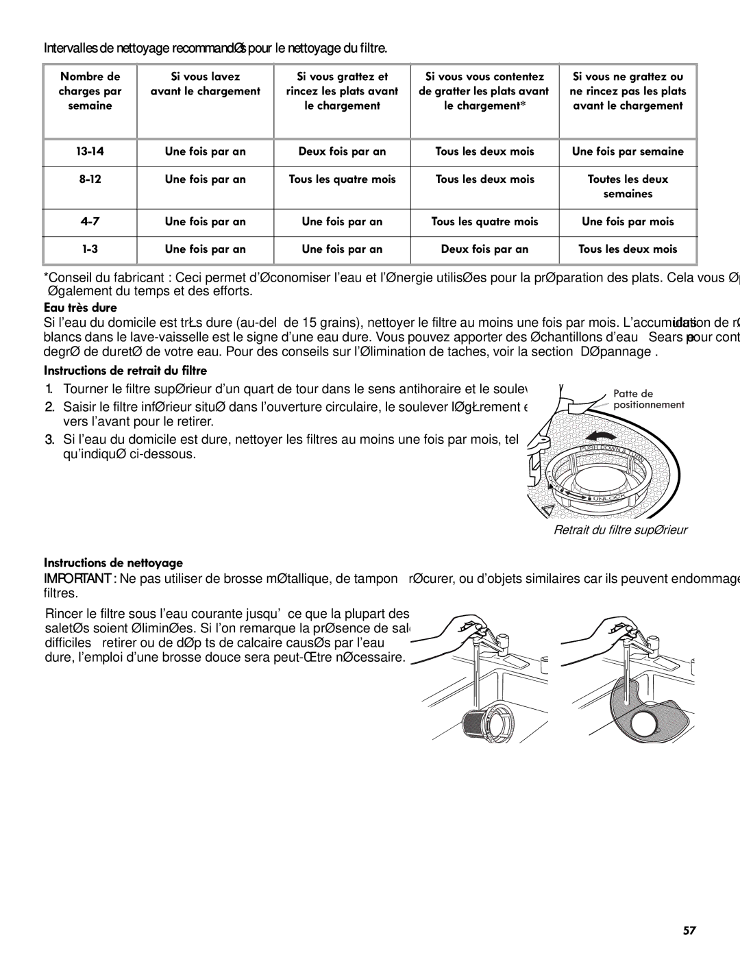 Kenmore 665.1301 manual Eau très dure, Instructions de retrait du filtre, Instructions de nettoyage 