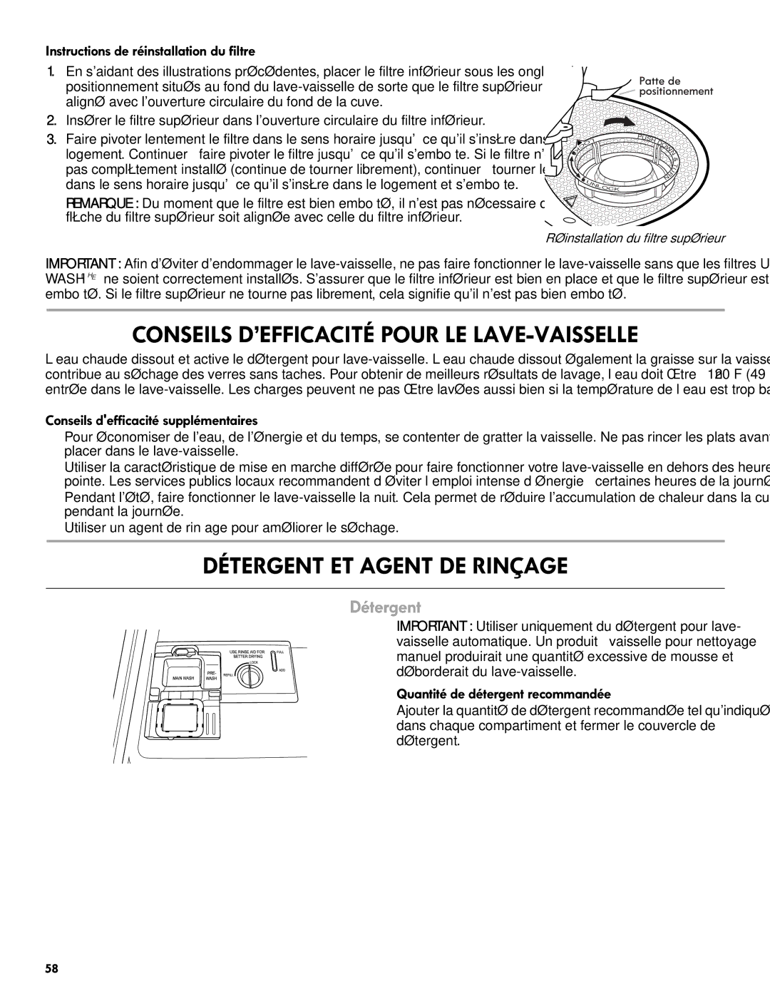 Kenmore 665.1301 manual Détergent ET Agent DE Rinçage, Instructions de réinstallation du filtre 