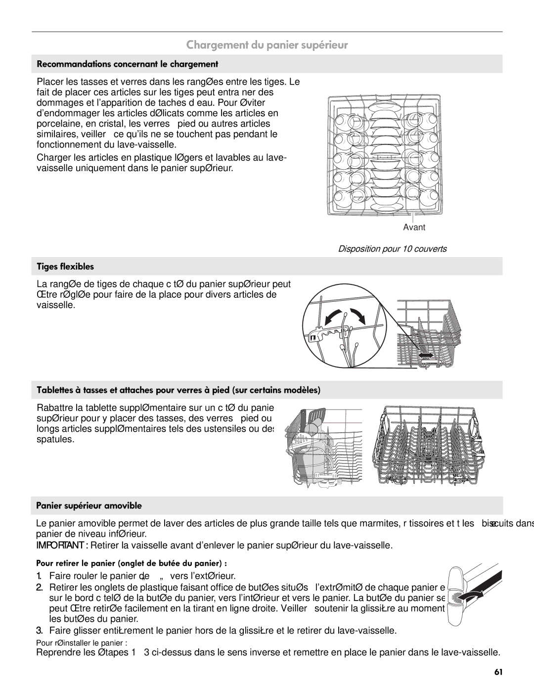 Kenmore 665.1301 manual Chargement du panier supérieur, Recommandations concernant le chargement, Tiges flexibles 