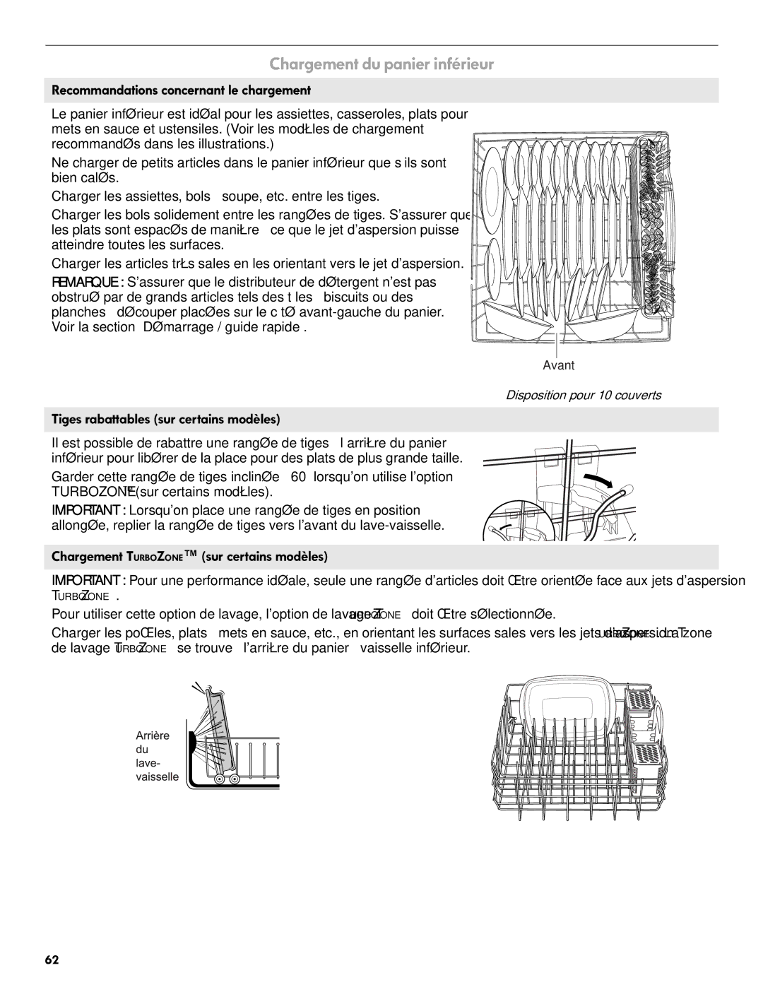 Kenmore 665.1301 manual Chargement du panier inférieur, Tiges rabattables sur certains modèles 