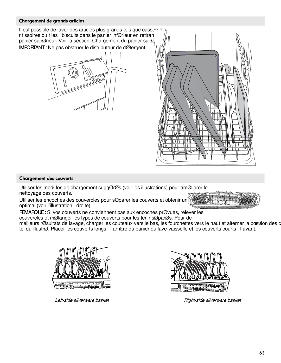 Kenmore 665.1301 manual Chargement de grands articles, Chargement des couverts 