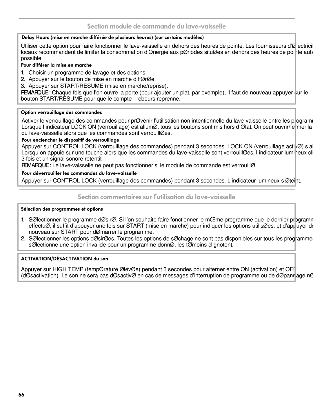 Kenmore 665.1301 Section module de commande du lave-vaisselle, Section commentaires sur lutilisation du lave-vaisselle 