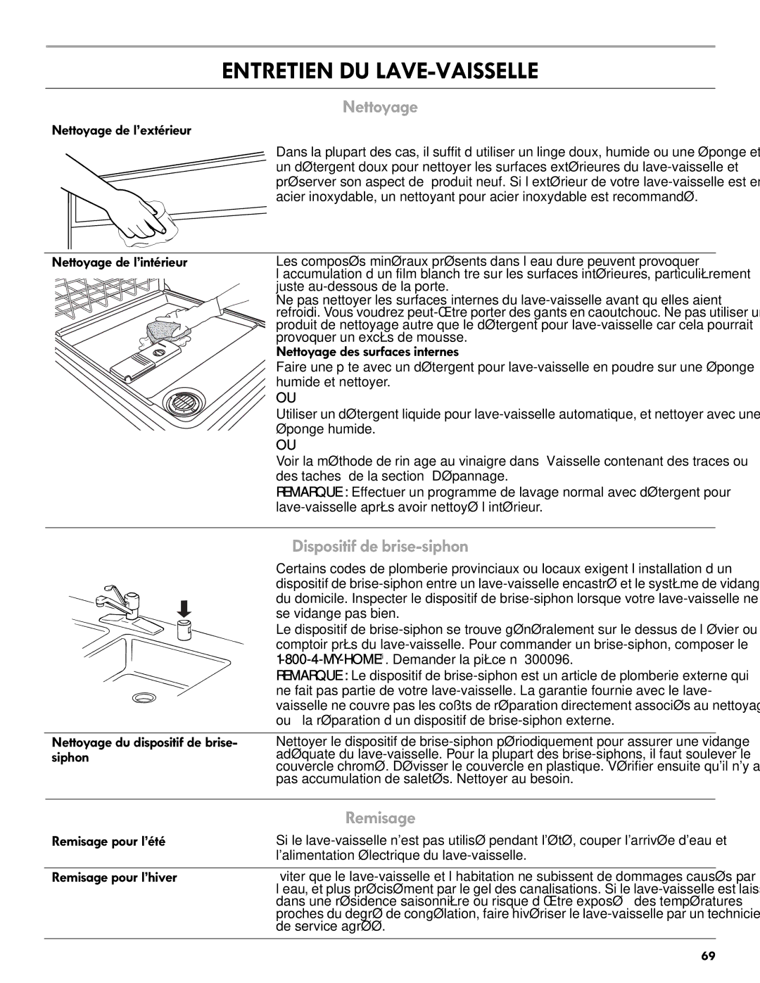 Kenmore 665.1301 manual Entretien DU LAVE-VAISSELLE, Nettoyage, Dispositif de brise-siphon, Remisage 