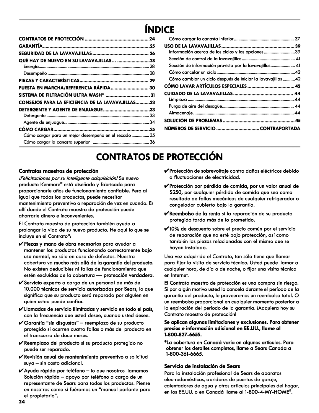 Kenmore 665.1301 manual Índice, Contratos De Protección, Contratos maestros de protección, Servicio de instalación de Sears 