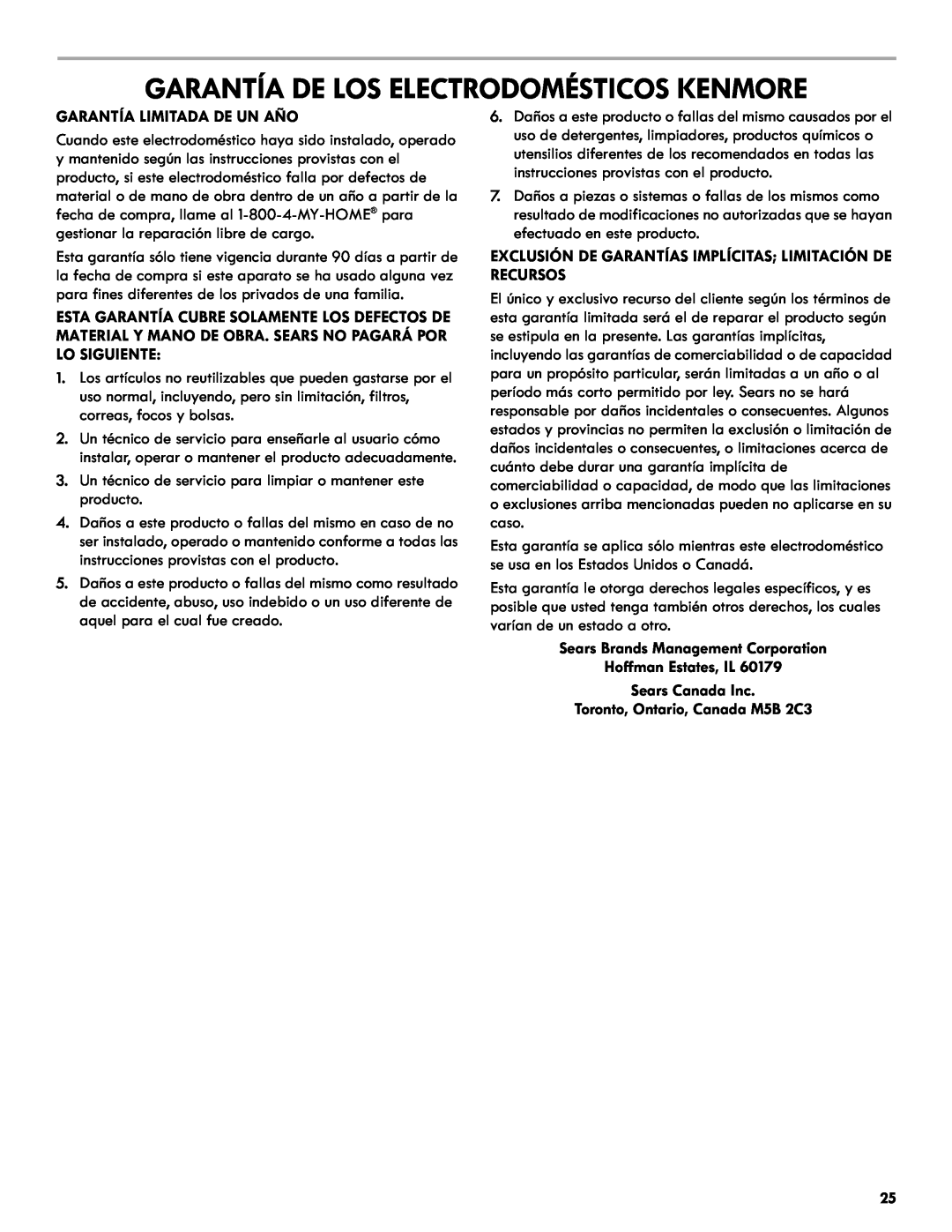 Kenmore 665.1301 Garantía De Los Electrodomésticos Kenmore, Garantía Limitada De Un Año, Toronto, Ontario, Canada M5B 2C3 