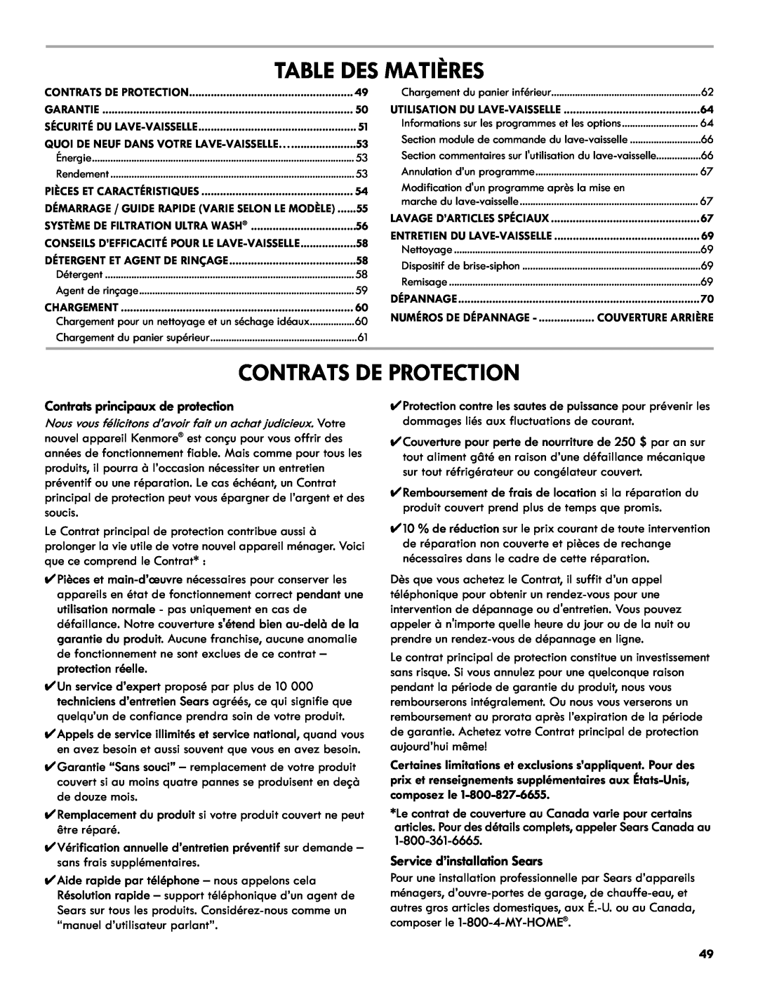 Kenmore 665.1301 manual Table Des Matières, Contrats De Protection, Contrats principaux de protection 
