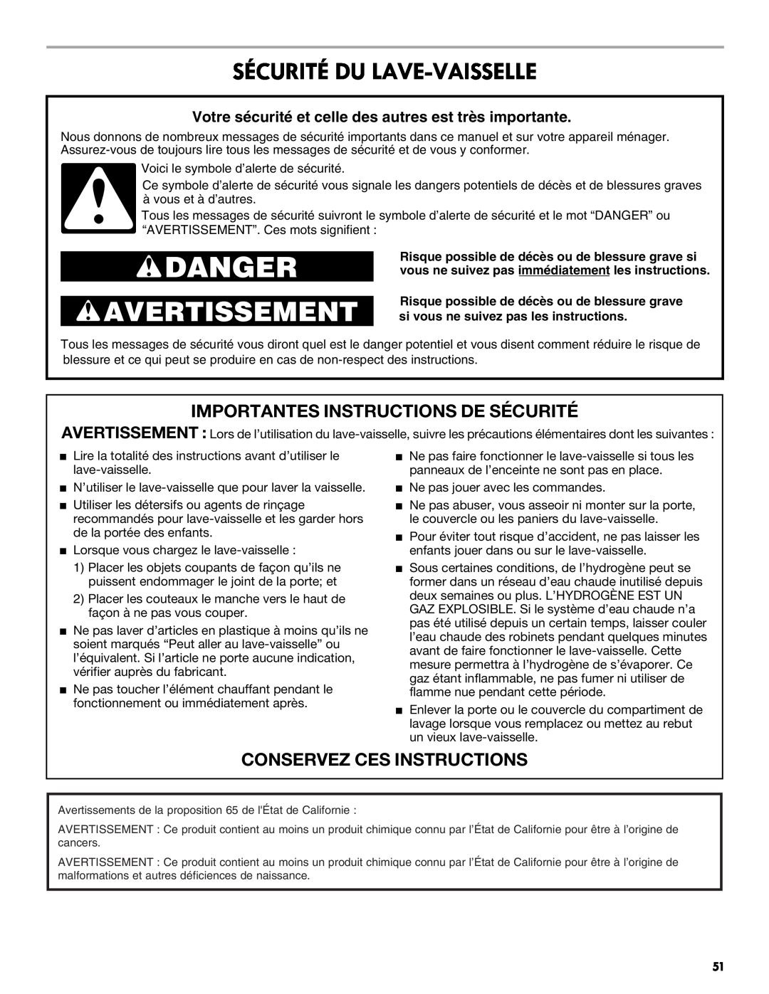Kenmore 665.1301 manual Danger, Avertissement, Sécurité Du Lave-Vaisselle, Importantes Instructions De Sécurité 