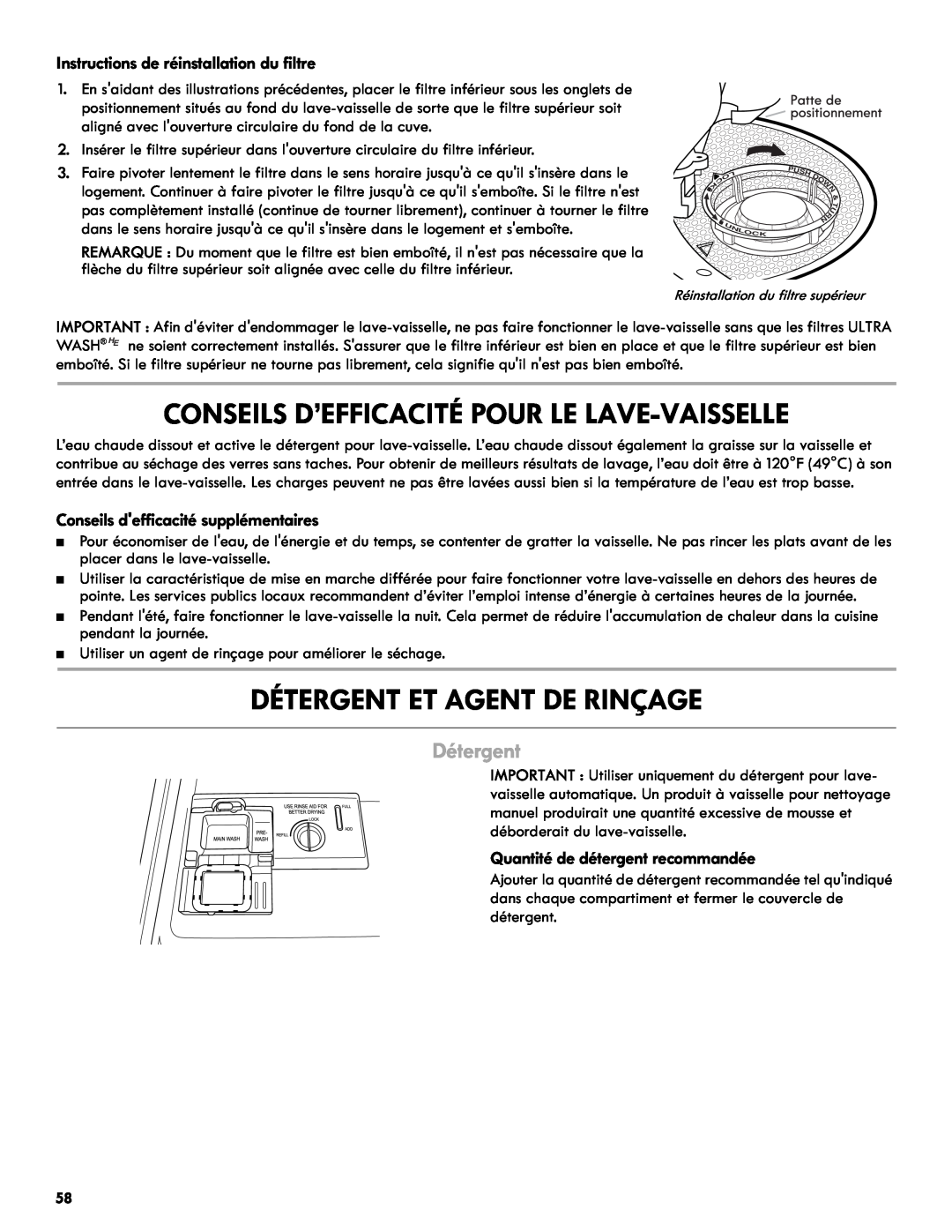 Kenmore 665.1301 manual Détergent Et Agent De Rinçage, Conseils D’Efficacité Pour Le Lave-Vaisselle 
