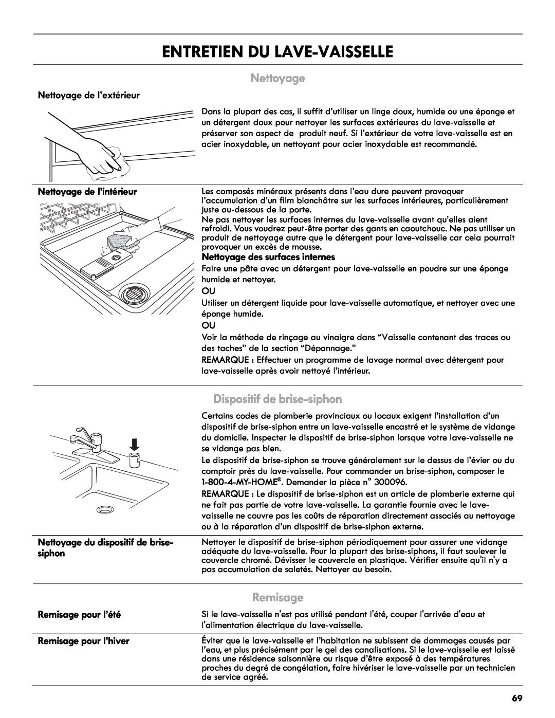 Kenmore 665.1301 manual Entretien Du Lave-Vaisselle, Dispositif de brise-siphon, Remisage, Nettoyage de l’extérieur 