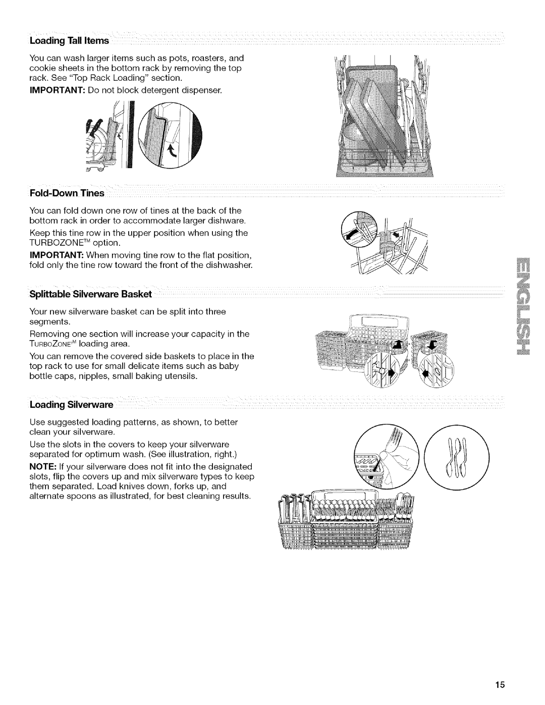 Kenmore 665.1342, 665.1312 manual IMPORTANTDonotblockdetergentdispenser, Fold.Down Tines, Split-table Silveare Basket 