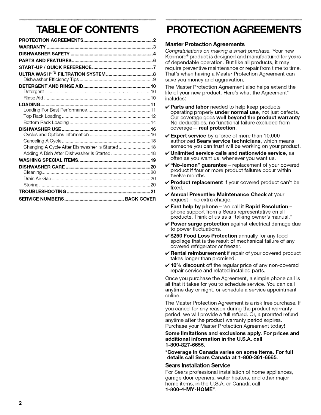 Kenmore 665.1312, 665.1342 manual Table of Contents, Protection Agreements 