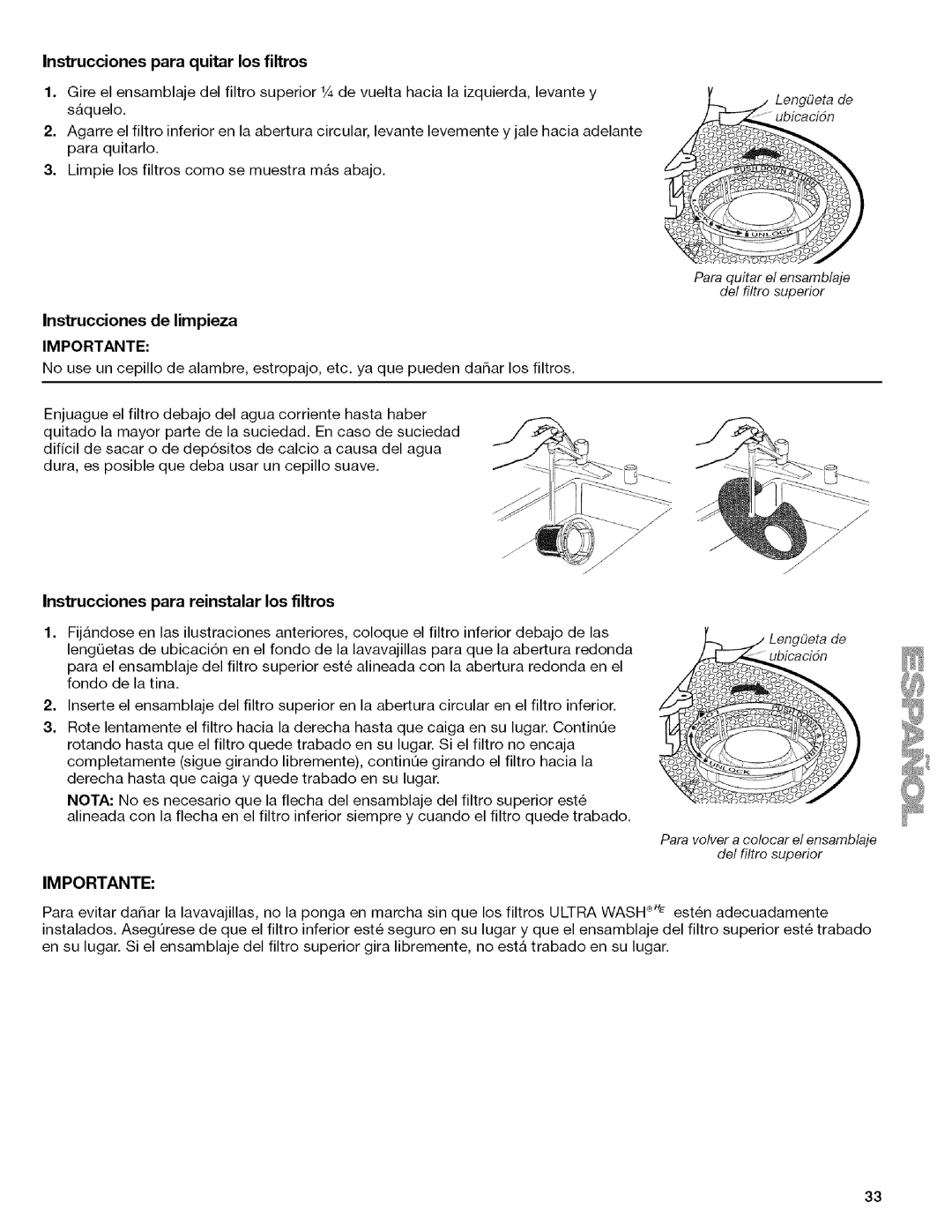 Kenmore 665.1342 Instruccionesparaquitar losfiltros, Instrucciones de limpieza, Instrucciones para reinstalar los filtros 