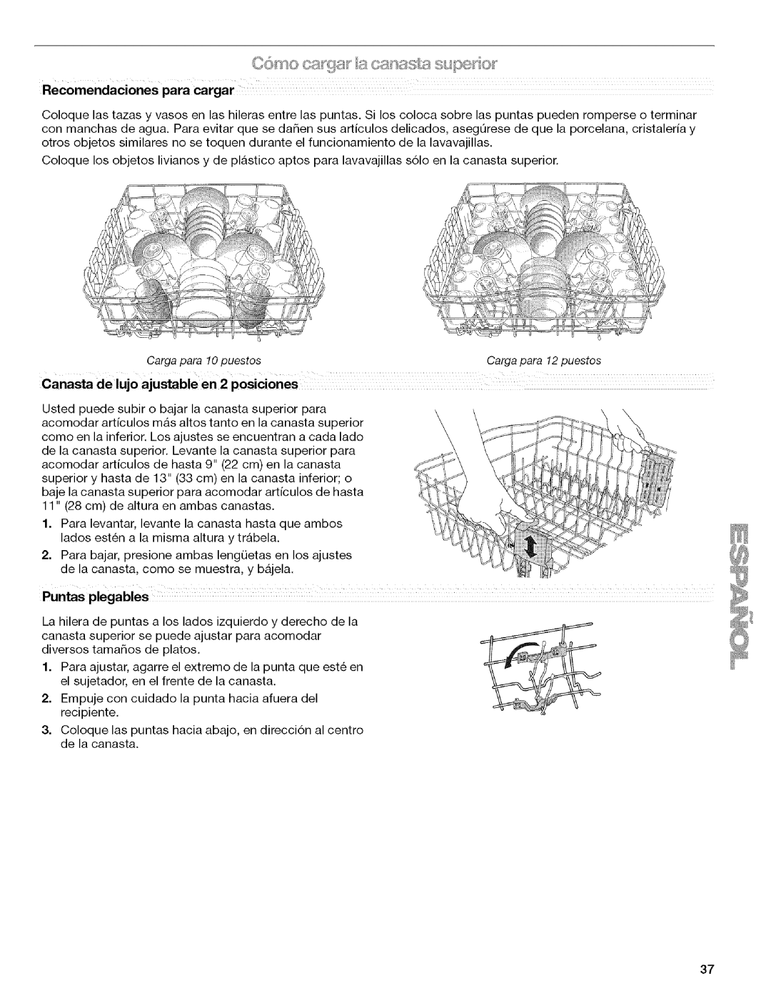 Kenmore 665.1342, 665.1312 manual Recomendaciones para cargar, Puntas plegables 